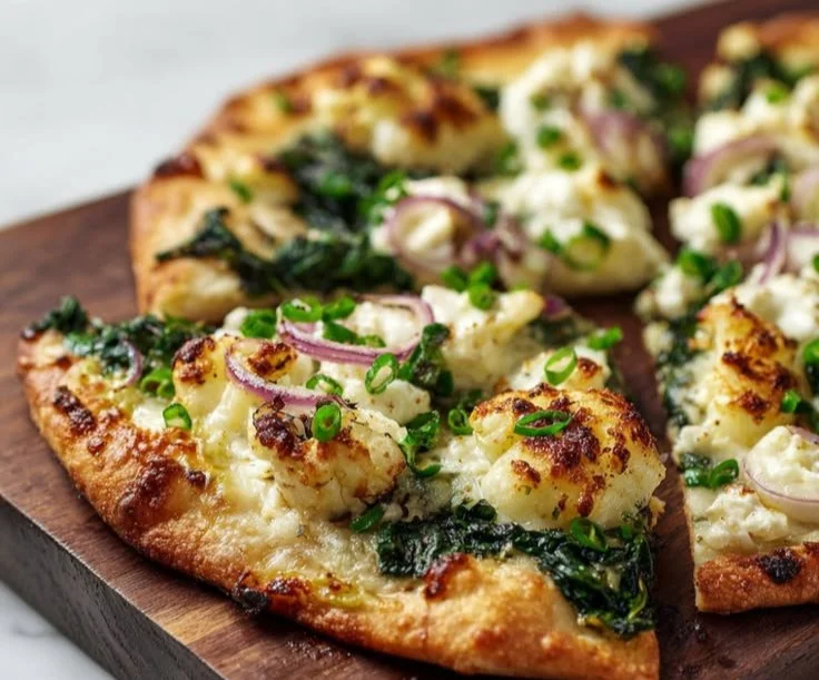 Homemade spinach and feta flatbread pizza fresh out of the oven