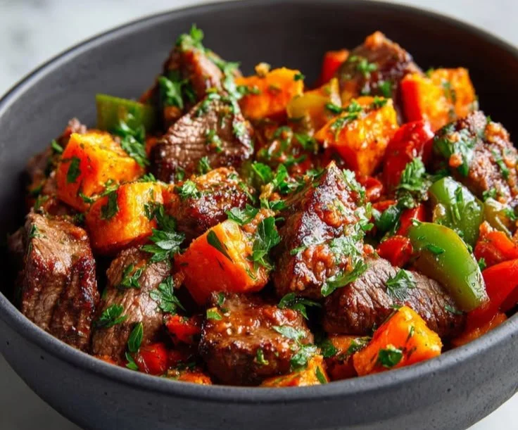 Delicious steak bites served with sweet potatoes and colorful peppers