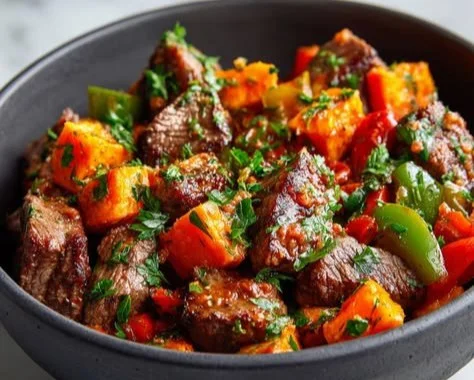 Savory steak bites served with sweet potatoes on a plate.