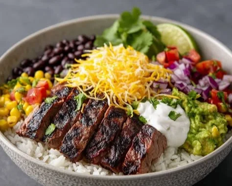 Delicious Steak Burrito Bowl packed with protein and fresh ingredients.