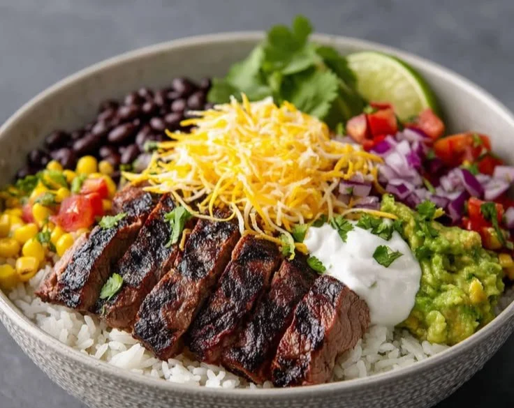 Delicious Steak Burrito Bowl loaded with fresh ingredients and vibrant flavors.