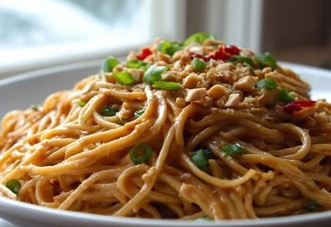 Delicious sticky peanut butter noodles served in a bowl, showcasing creamy sauce and fresh ingredients.