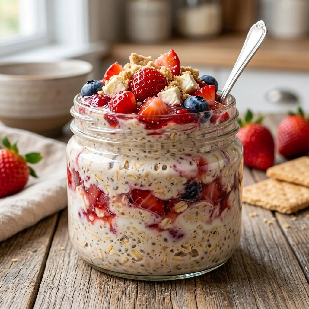 Strawberry cheesecake overnight oats topped with fresh strawberries and cream.