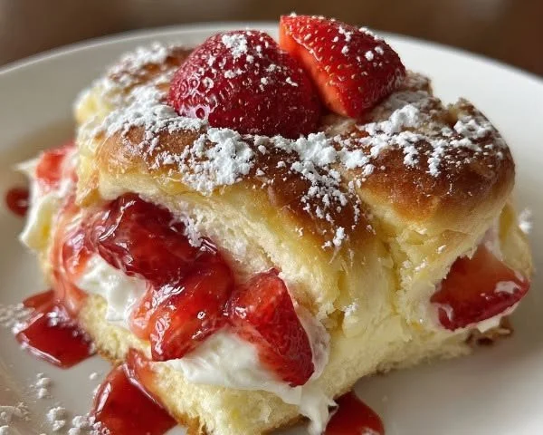 Delicious strawberry cheesecake rolls topped with fresh strawberries.