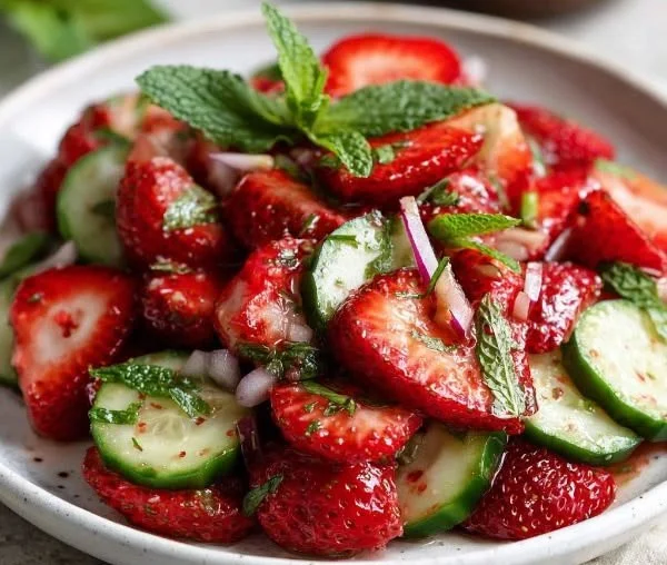 A colorful bowl of strawberry cucumber salad with fresh greens and feta cheese