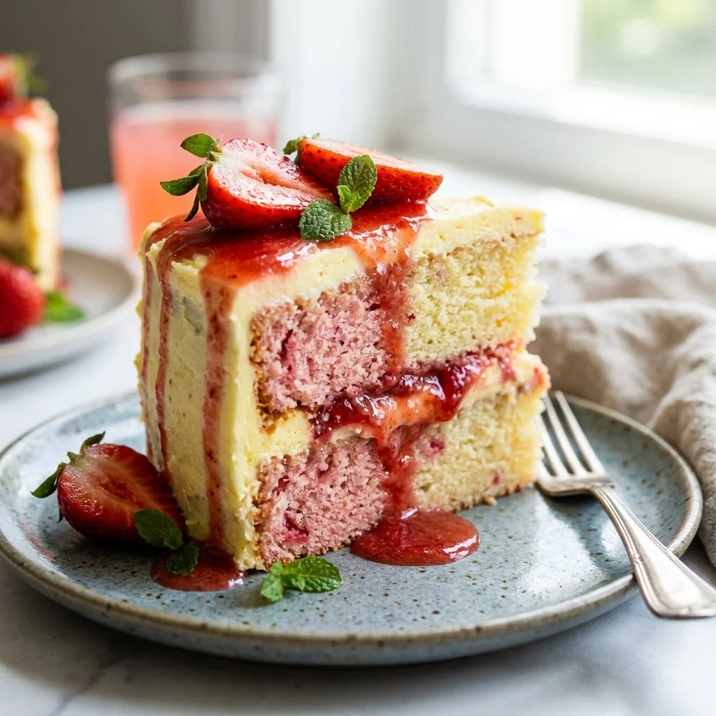 Slice of strawberry lemonade cake with fresh strawberries on top