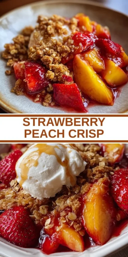 Delicious Strawberry Peach Crisp topped with crumbly oats and fresh fruit