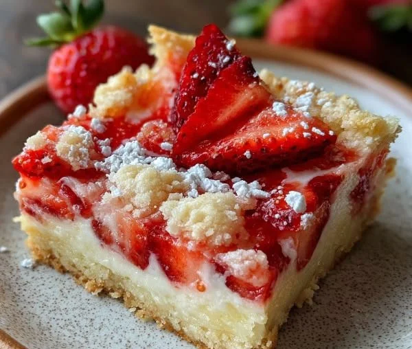 Delicious Strawberry Shortcake Bars with a buttery crust ready to enjoy