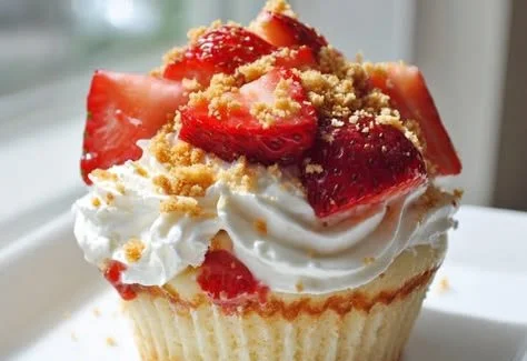 Delicious Strawberry Shortcake Cupcakes with a crunchy topping for spring.