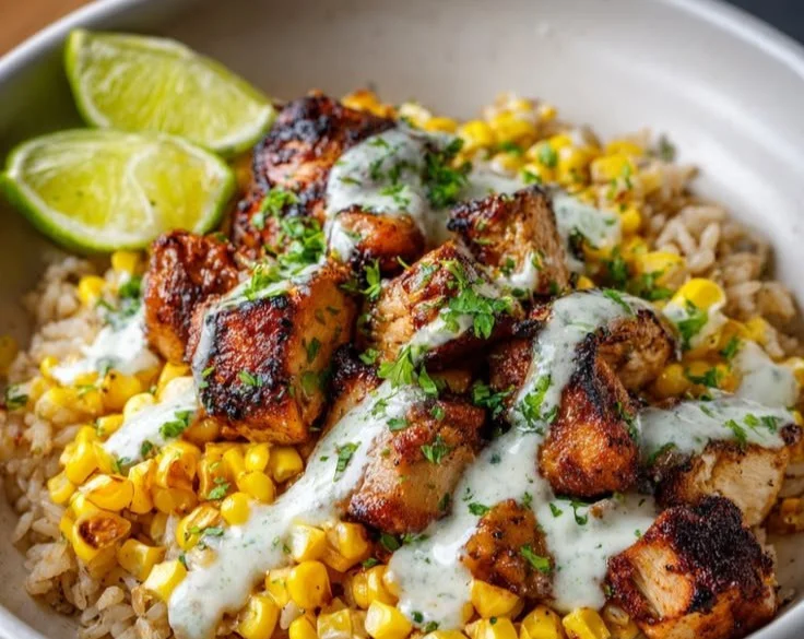Delicious Street Corn Chicken Bowl topped with fresh ingredients