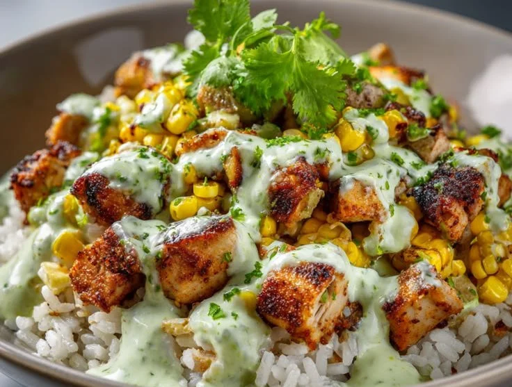 Delicious Street Corn Chicken Rice Bowl with grilled chicken and fresh corn toppings.