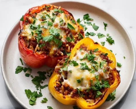 High-protein stuffed bell peppers ready for meal prep on a wooden table.