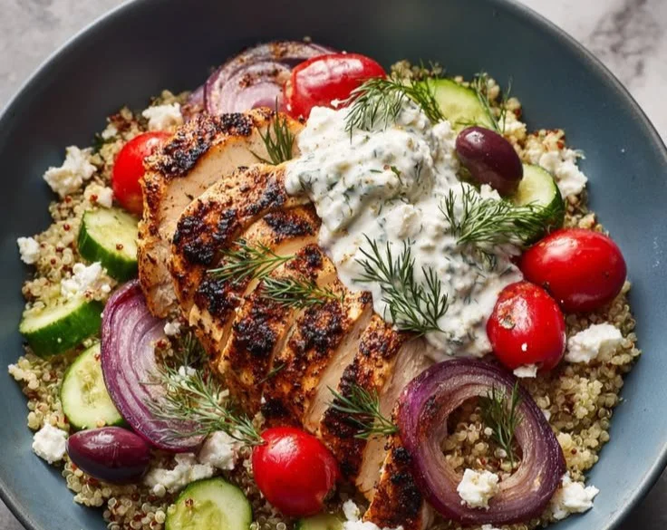 Delicious sunny Greek chicken bowls with fresh vegetables and herbs