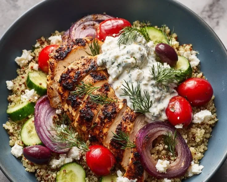 Sunny Greek Chicken Bowls with fresh vegetables and flavorful spices