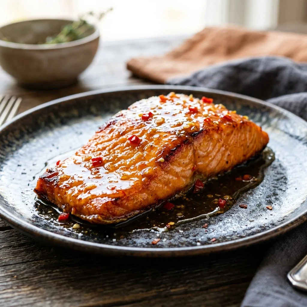 Beautifully plated Sweet Chili Salmon garnished with fresh herbs