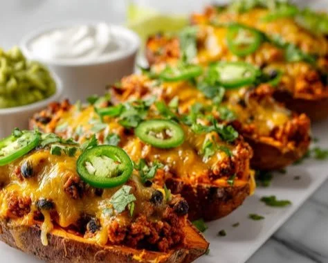 High-protein sweet potato boats filled with nutritious toppings for meal prep.