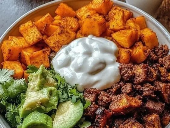 Colorful sweet potato taco bowl topped with fresh ingredients and herbs