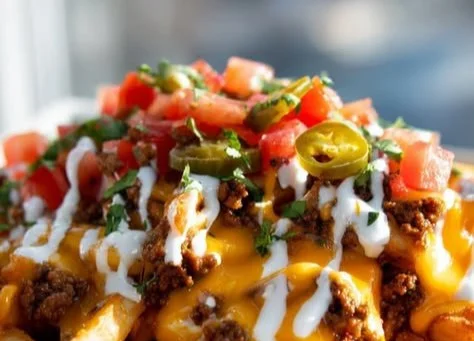 Plate of Taco Beef Loaded Fries topped with cheese and fresh toppings