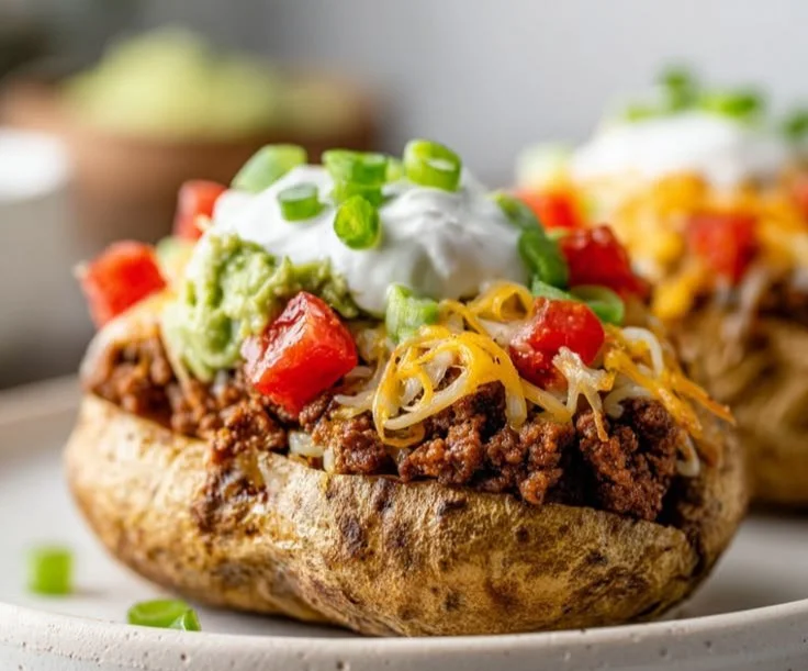 Bowl of Taco Potatoes topped with cheese, salsa, and fresh herbs