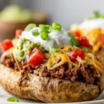 Delicious Taco Potatoes topped with cheese, avocado, and salsa for a tasty meal.
