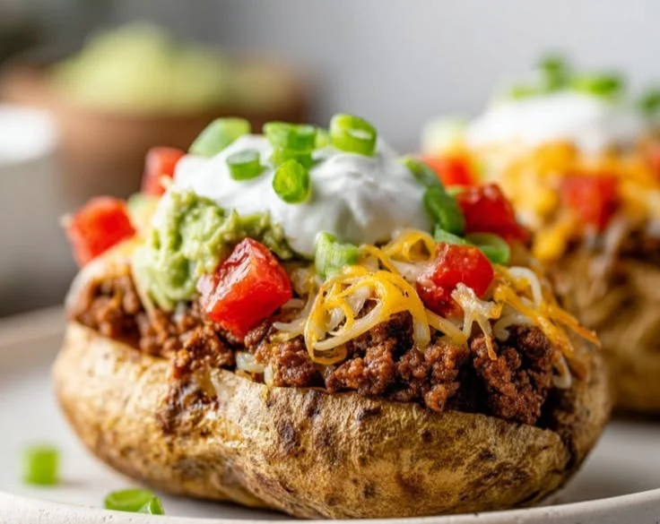 Delicious Taco Potatoes topped with cheese, avocado, and salsa for a tasty meal.