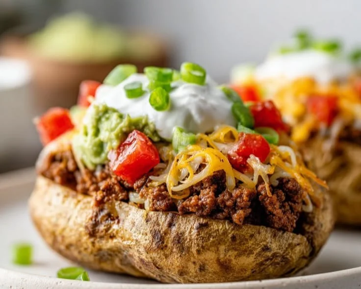Baked taco potatoes topped with cheese, sour cream, and garnish for a healthy meal