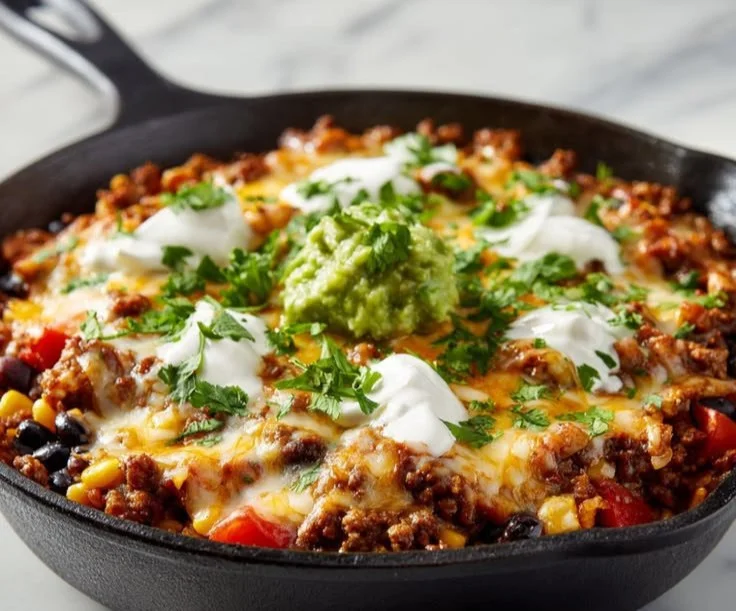 Colorful Taco Skillet filled with ground beef, beans, and cheese