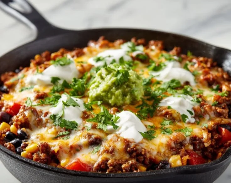 Delicious and easy Taco Skillet dish prepared with ground beef and vegetables