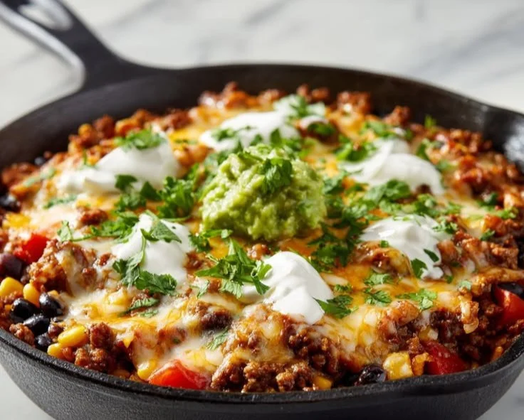 Delicious taco skillet with high protein, served in a skillet dish for a family-friendly meal