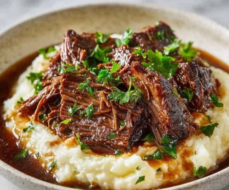 Tender chuck roast with vegetables served on a plate