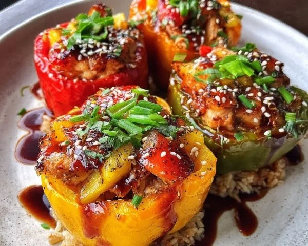 Teriyaki Pineapple Chicken and Rice Stuffed Peppers on a serving plate