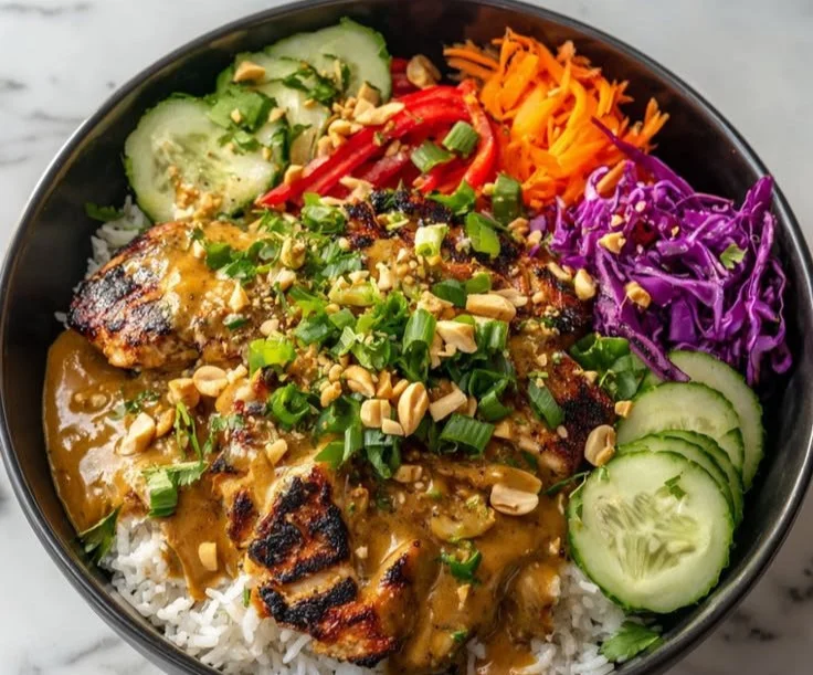 Thai-Inspired Peanut Chicken Bowl with chicken, vegetables, and peanut sauce