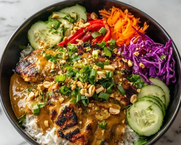 Delicious Thai Peanut Chicken Bowl with vegetables and peanut sauce