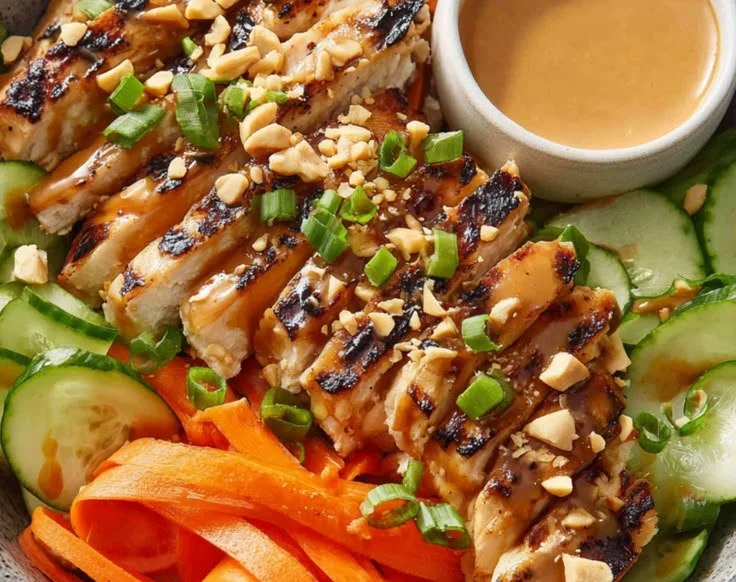 Thai Peanut Chicken Bowl featuring tender chicken and rich peanut sauce.