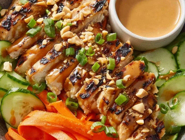 Thai Peanut Chicken Bowl garnished with fresh herbs and vegetables