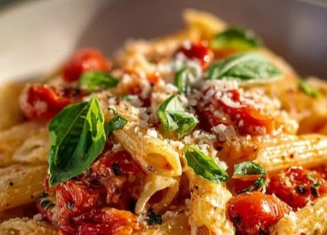 Delicious Tomato Garlic Ricotta Penne with Basil ready to serve.