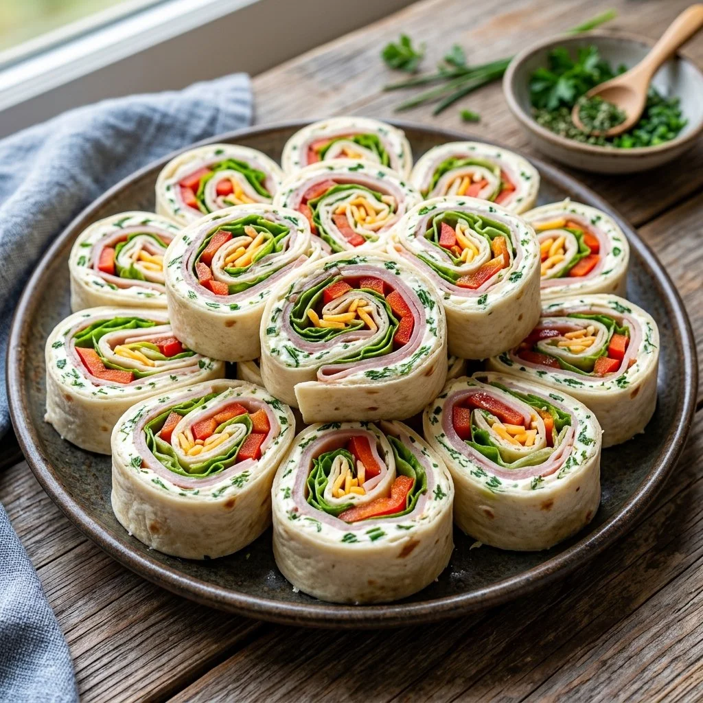 Colorful tortilla pinwheels filled with cream cheese, vegetables, and herbs.