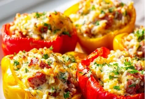 Kielbasa stuffed bell peppers with cheesy beef rice filling on a plate