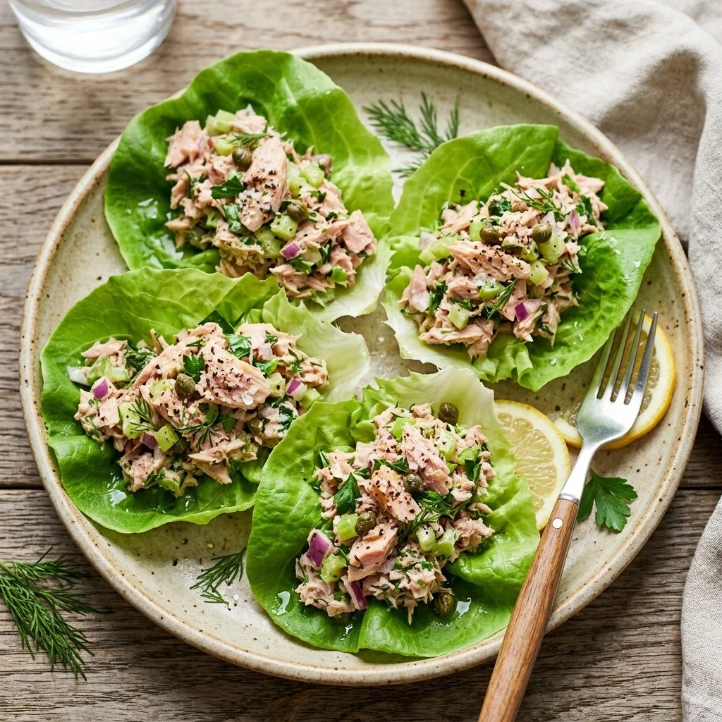 Tuna salad lettuce wraps served on a plate, fresh ingredients for a healthy meal.