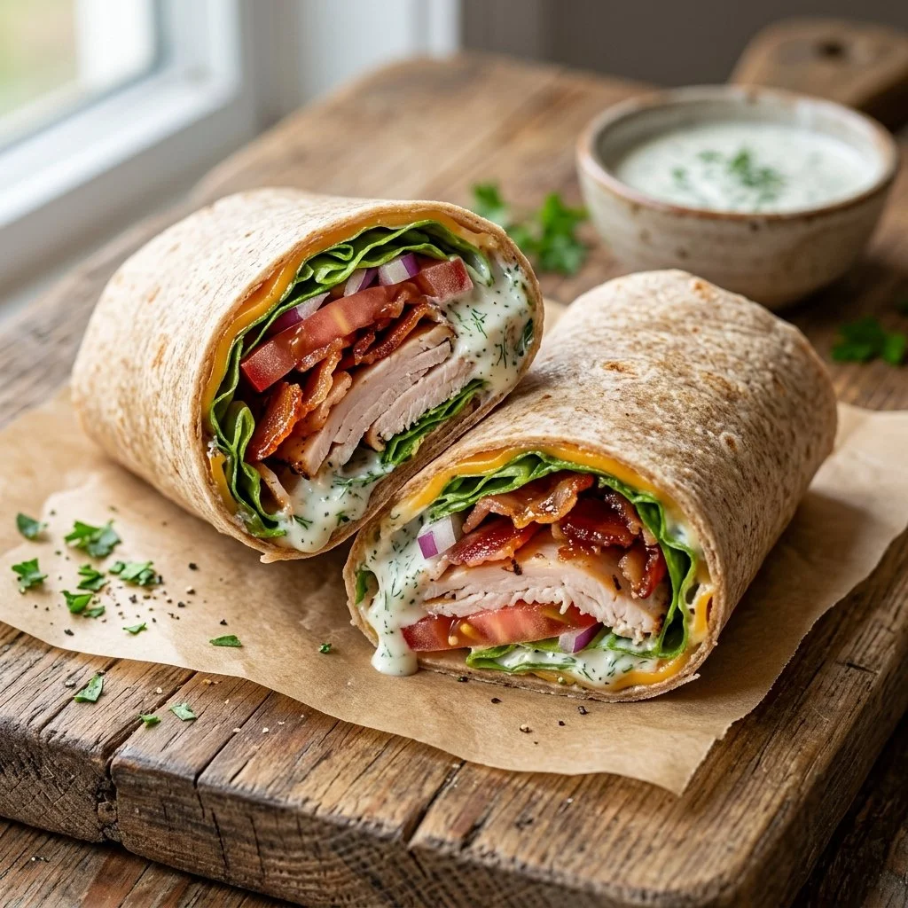 Turkey Bacon Ranch Wrap with fresh ingredients and crispy turkey bacon.