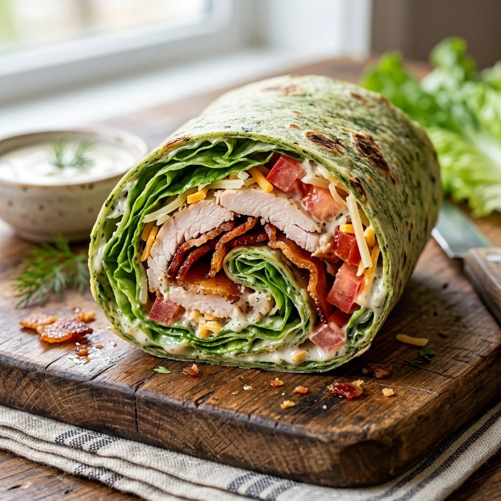 Delicious Turkey Bacon Ranch Wrap with fresh vegetables and ranch dressing.