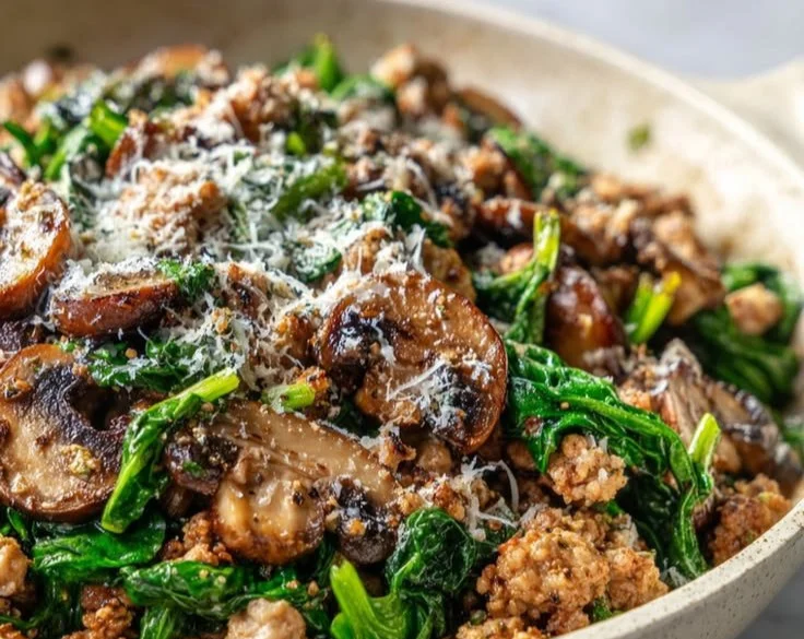Delicious turkey spinach mushroom skillet dish served in a rustic pan