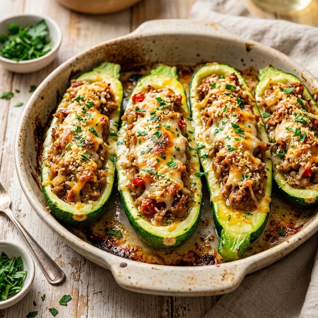 Turkey stuffed zucchini boats filled with lean ground turkey and spices