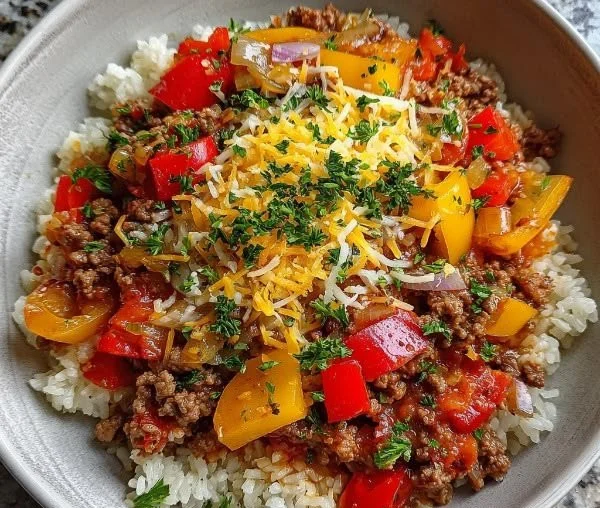 Delicious unstuffed pepper bowls with colorful vegetables and spices