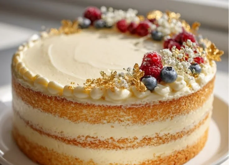 Vanilla Bean Birthday Cake topped with Buttercream Frosting