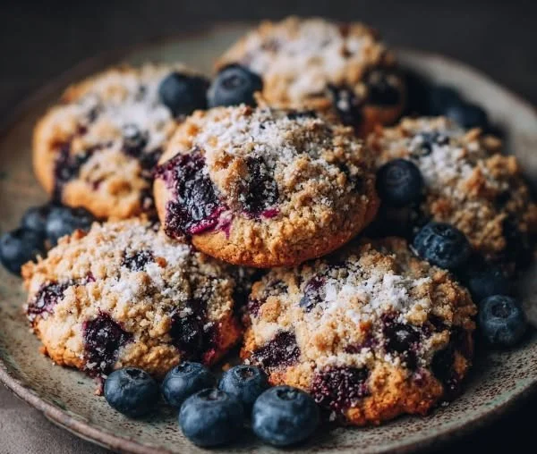 Vegan blueberry crumble cookies on a plate with fresh blueberries