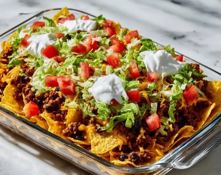 Delicious Walking Taco Casserole topped with cheese and taco ingredients