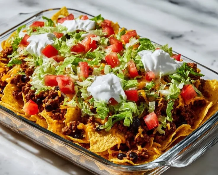 Delicious Walking Taco Casserole served in a dish with toppings.