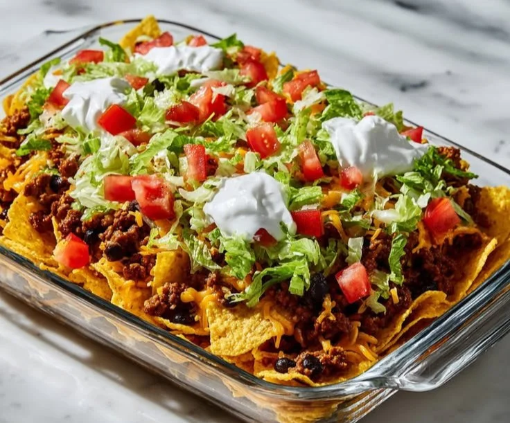 Delicious Walking Taco Casserole topped with cheese and served in a dish