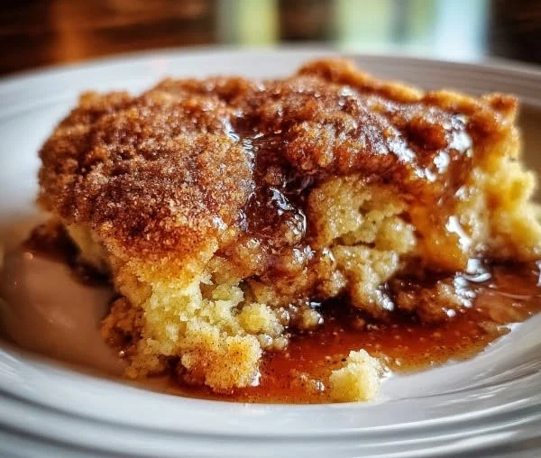 Warm cinnamon snickerdoodle cobbler dessert topped with ice cream